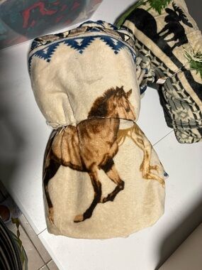 Horse Print Plush Throw Blanket - Cream and Brown
